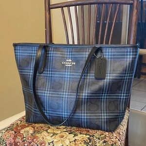 Coach Blue and Black Checkered Tote